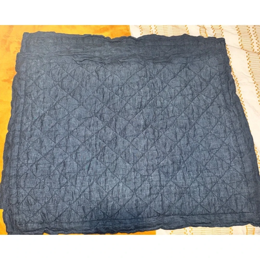 2 Pottery Barn Belgian Flax Linen Diamond Quilted Standard Pillow Sham Navy Blue